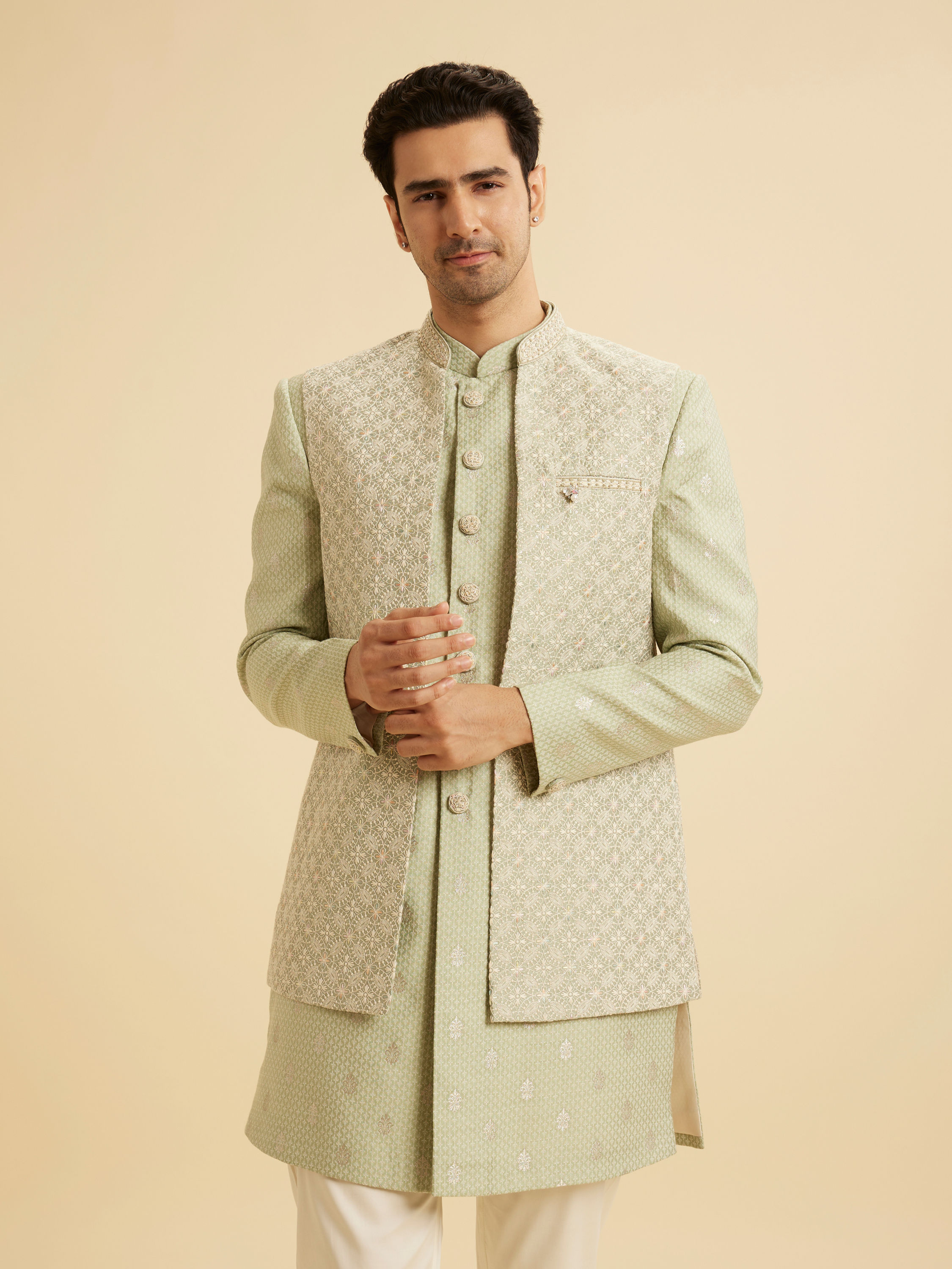 Manyavar Men Pista Green Opulence Indo Western