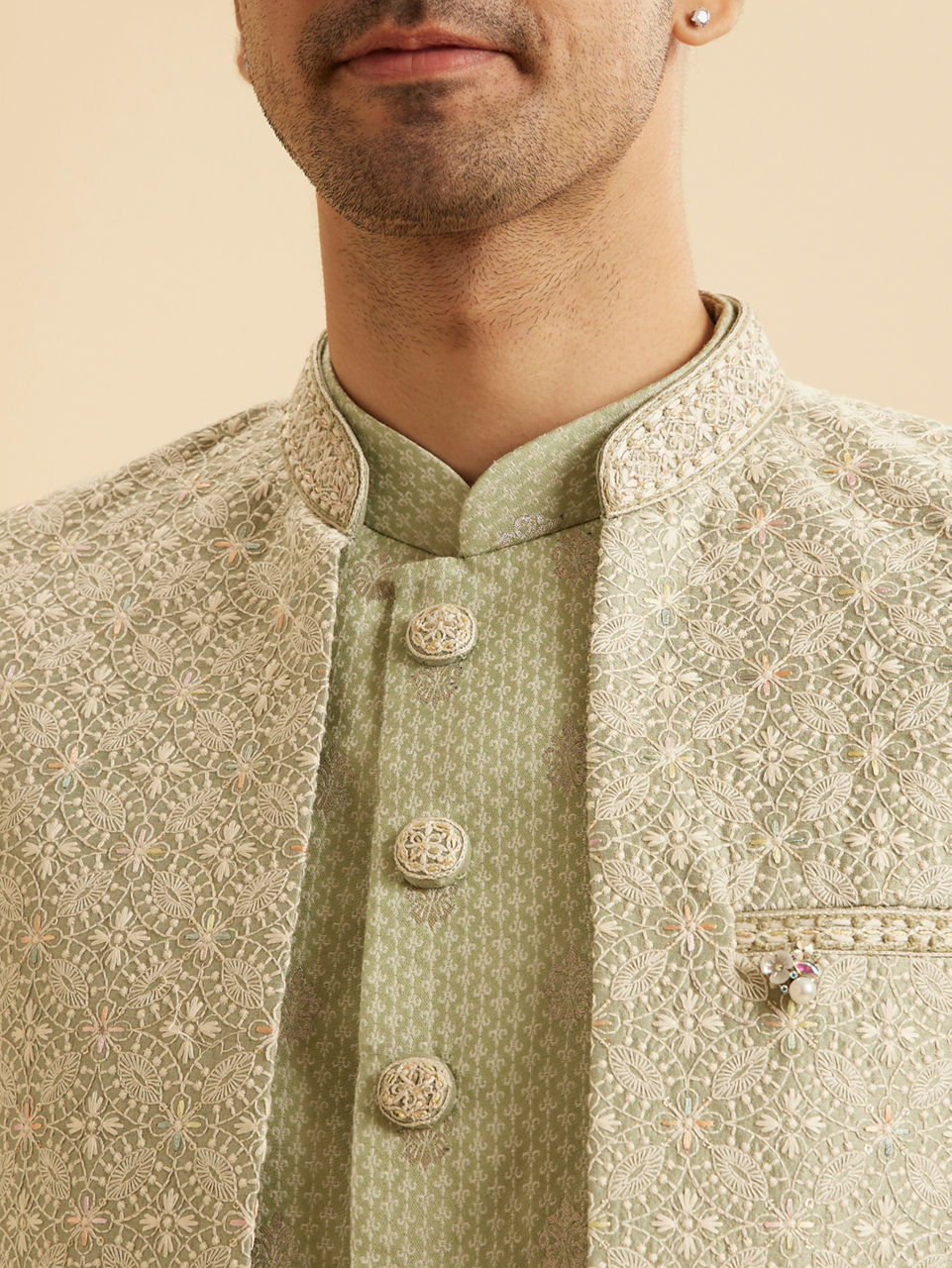 Manyavar Men Pista Green Opulence Indo Western