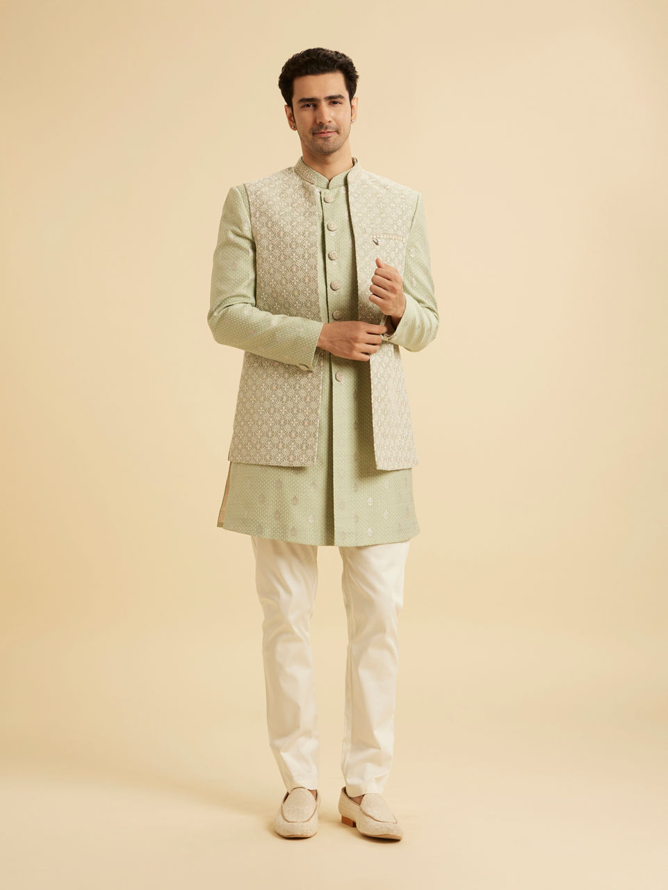 Manyavar Men Pista Green Opulence Indo Western