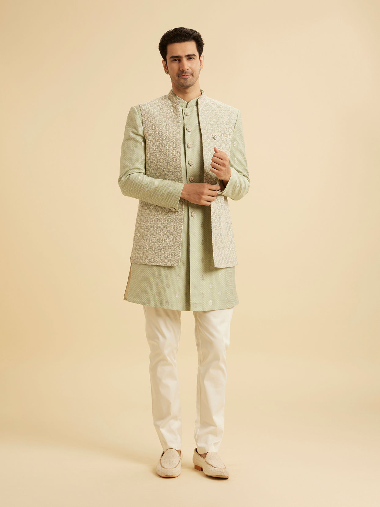Manyavar Men Pista Green Opulence Indo Western