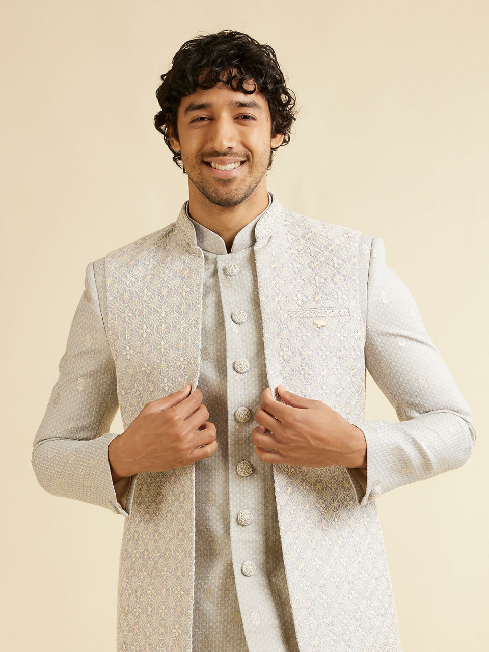 Manyavar Men Light Grey Floral Patterned Indo Western Jacket