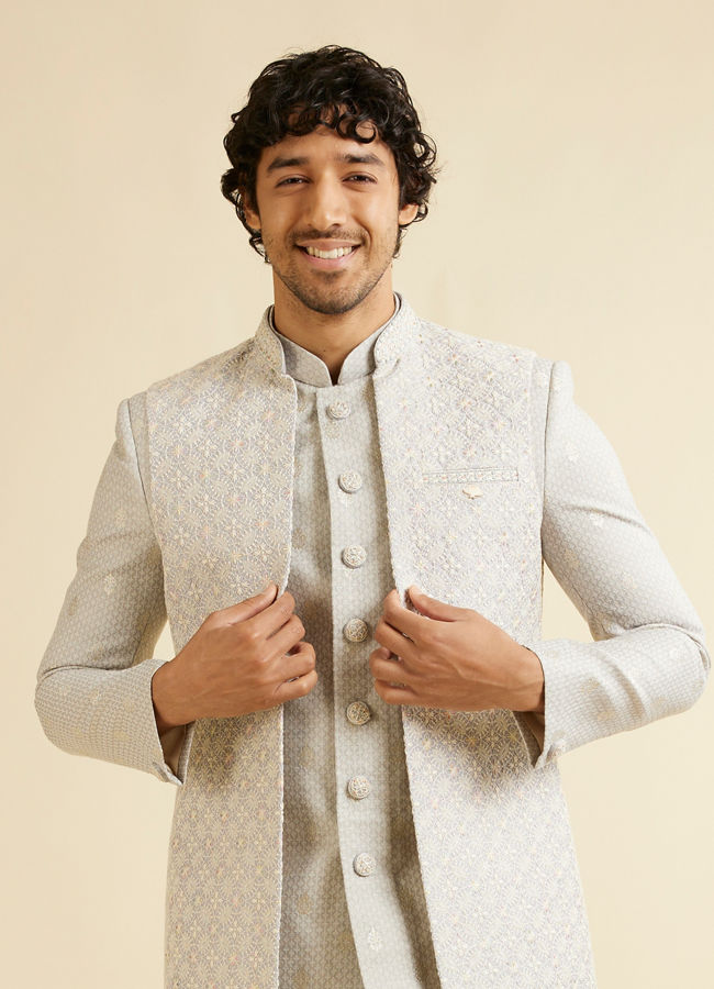 Manyavar Men Light Grey Floral Patterned Indo Western Jacket