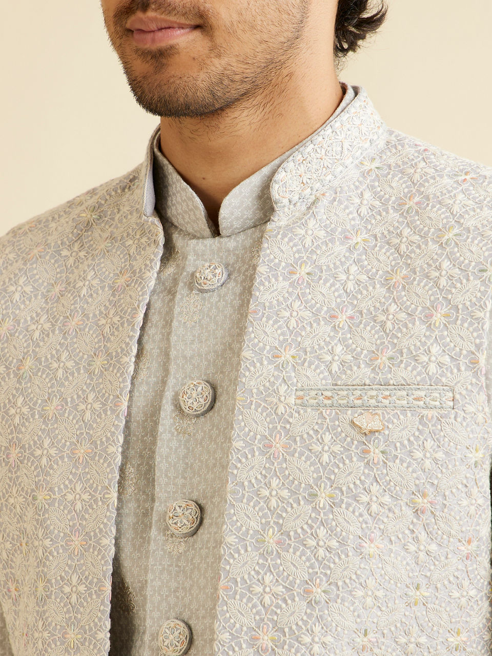 Manyavar Men Light Grey Floral Patterned Indo Western Jacket