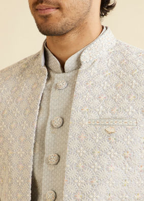 Manyavar Men Light Grey Floral Patterned Indo-Western Jacket image number 1