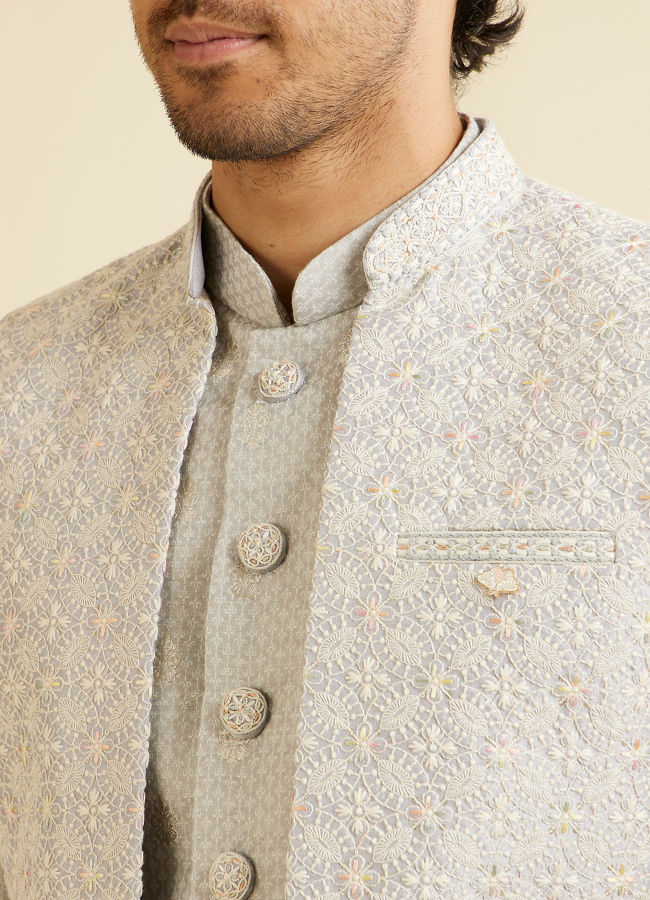 Manyavar Men Light Grey Floral Patterned Indo Western Jacket