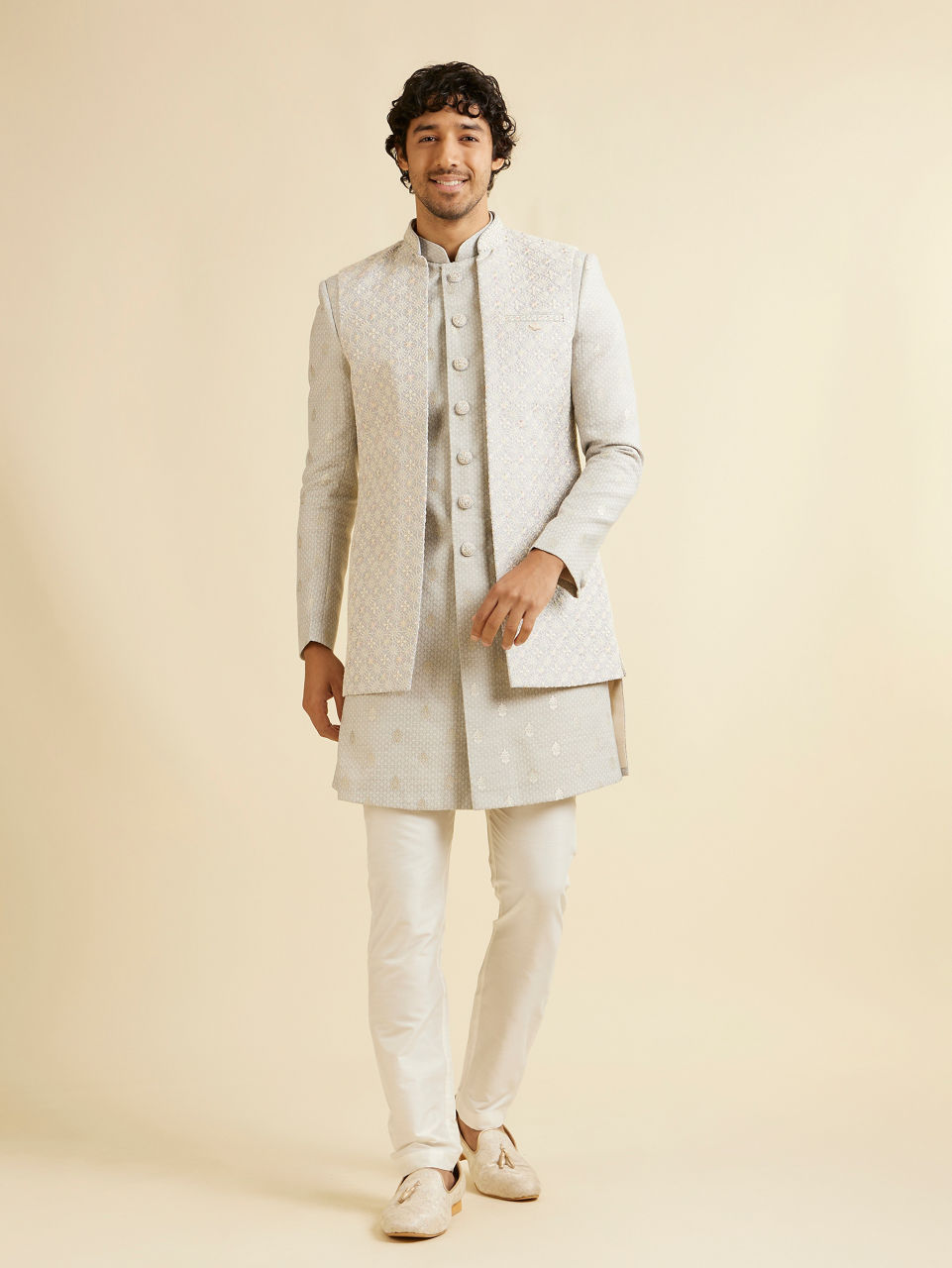 Manyavar Men Light Grey Floral Patterned Indo Western Jacket
