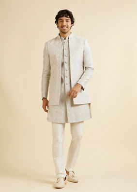 Manyavar Men Light Grey Floral Patterned Indo-Western Jacket image number 2