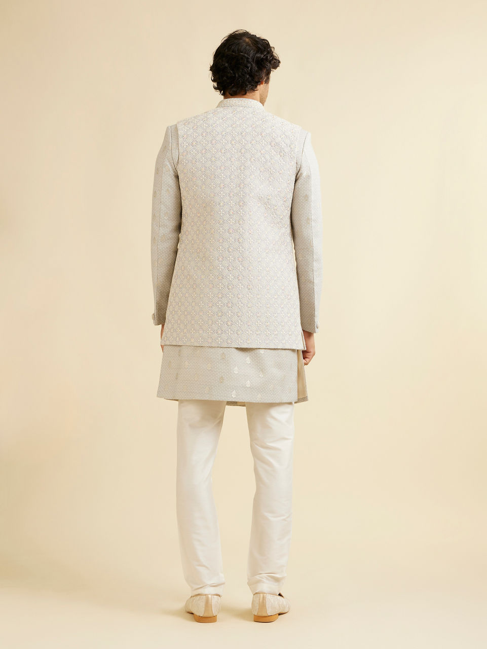 Manyavar Men Light Grey Floral Patterned Indo Western Jacket