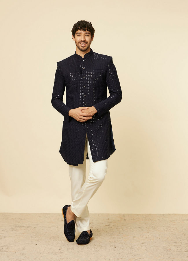 Manyavar Men Midnight Blue Sequined Indo Western Set