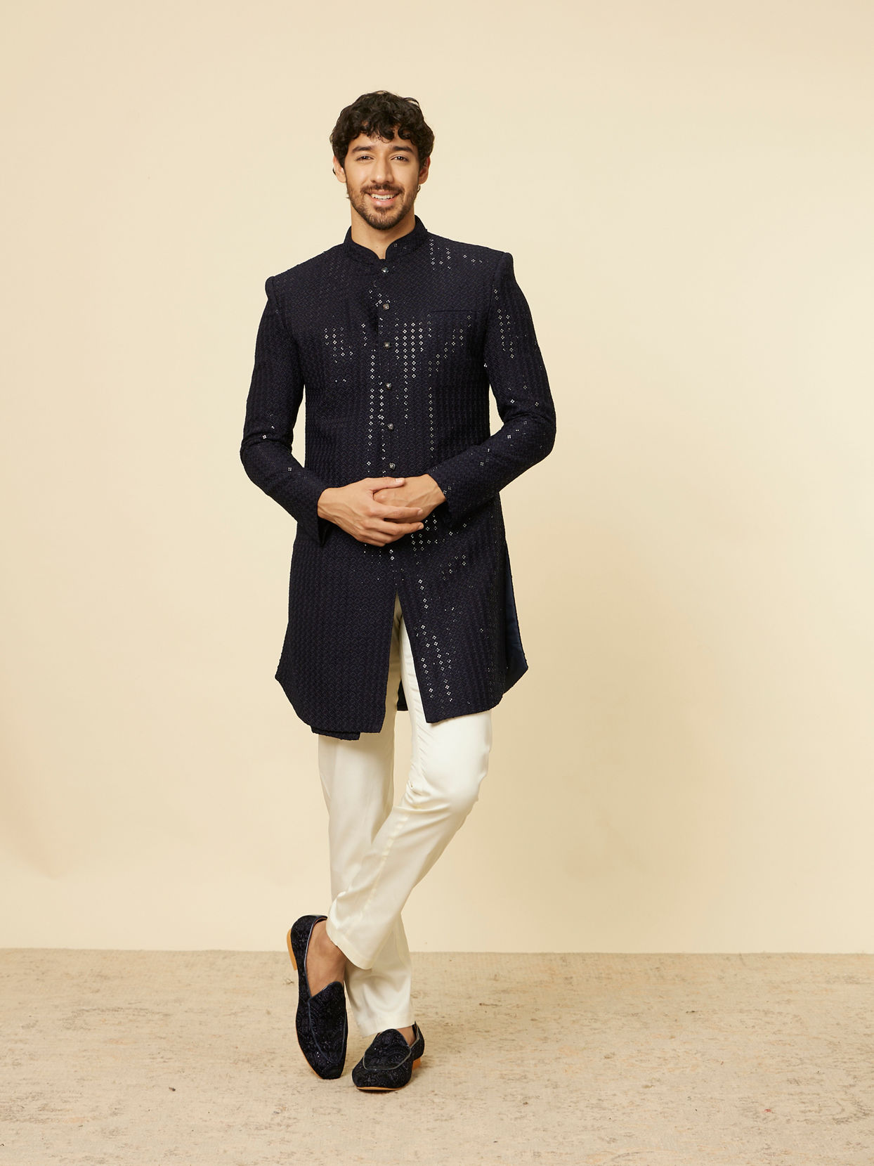 Manyavar Men Midnight Blue Sequined Indo Western Set