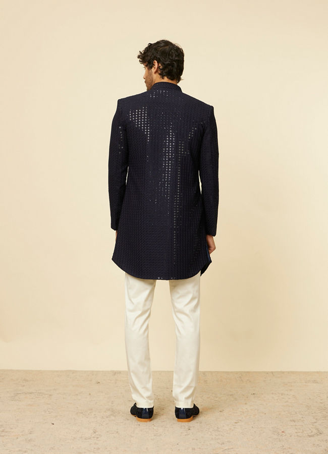 Manyavar Men Midnight Blue Sequined Indo Western Set