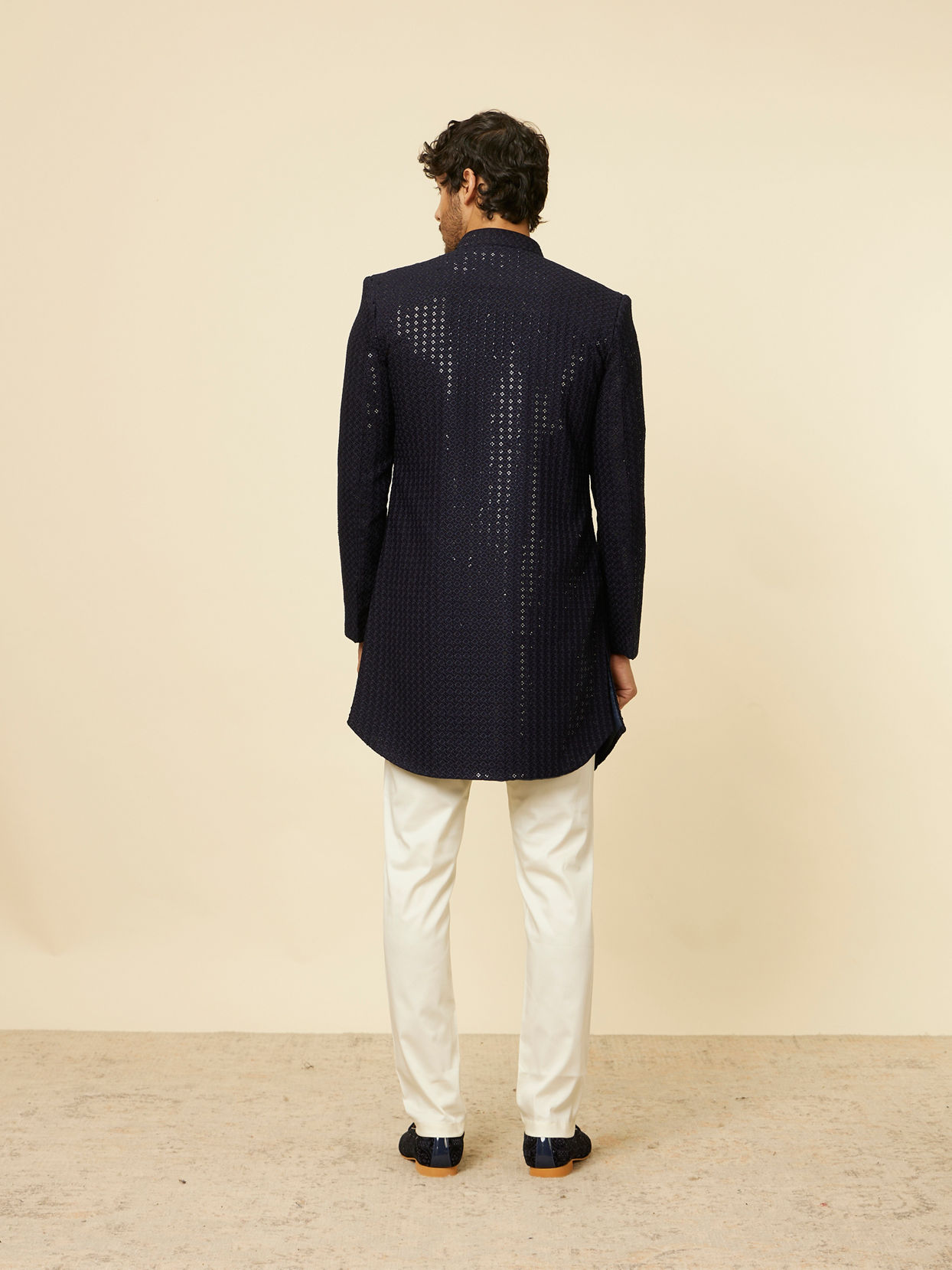 Manyavar Men Midnight Blue Sequined Indo Western Set
