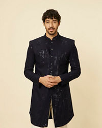 Manyavar Men Midnight Blue Sequined Indo Western Set