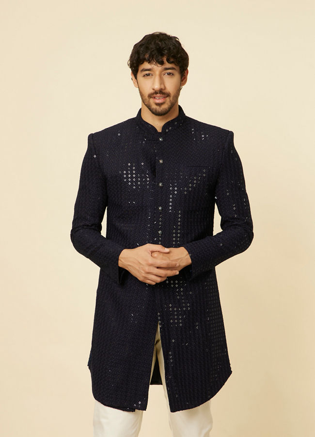 Manyavar Men Midnight Blue Sequined Indo Western Set
