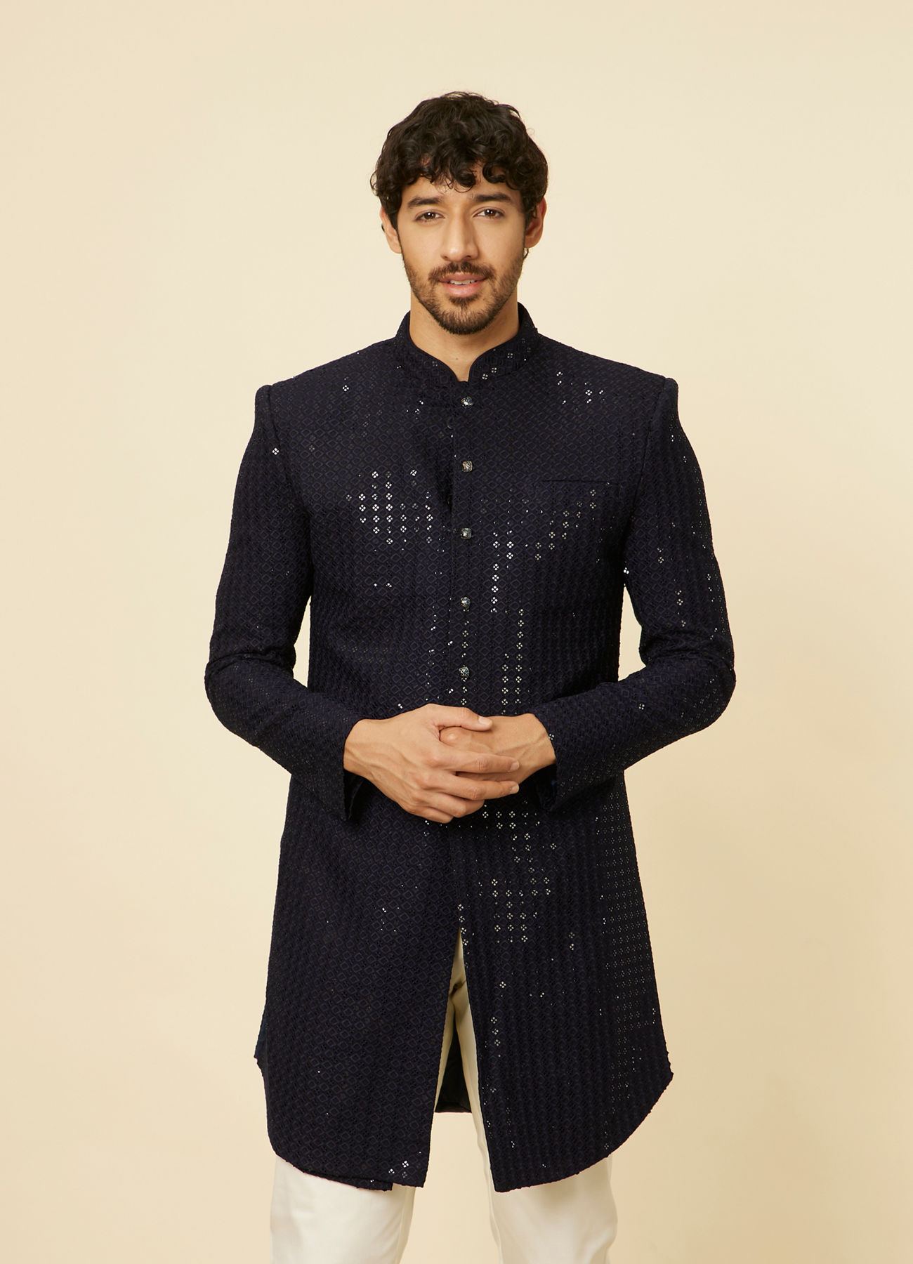 Manyavar Men Midnight Blue Sequined Indo Western Set