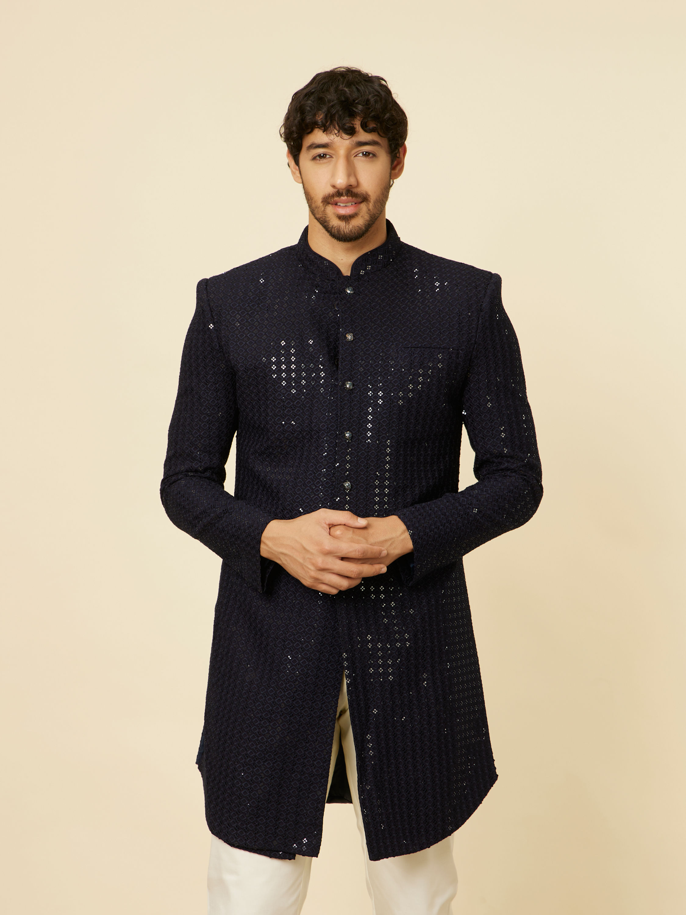 Manyavar Men Midnight Blue Sequined Indo Western Set