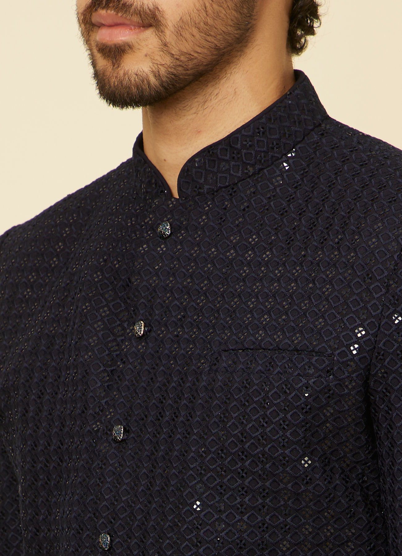 Manyavar Men Midnight Blue Sequined Indo Western Set
