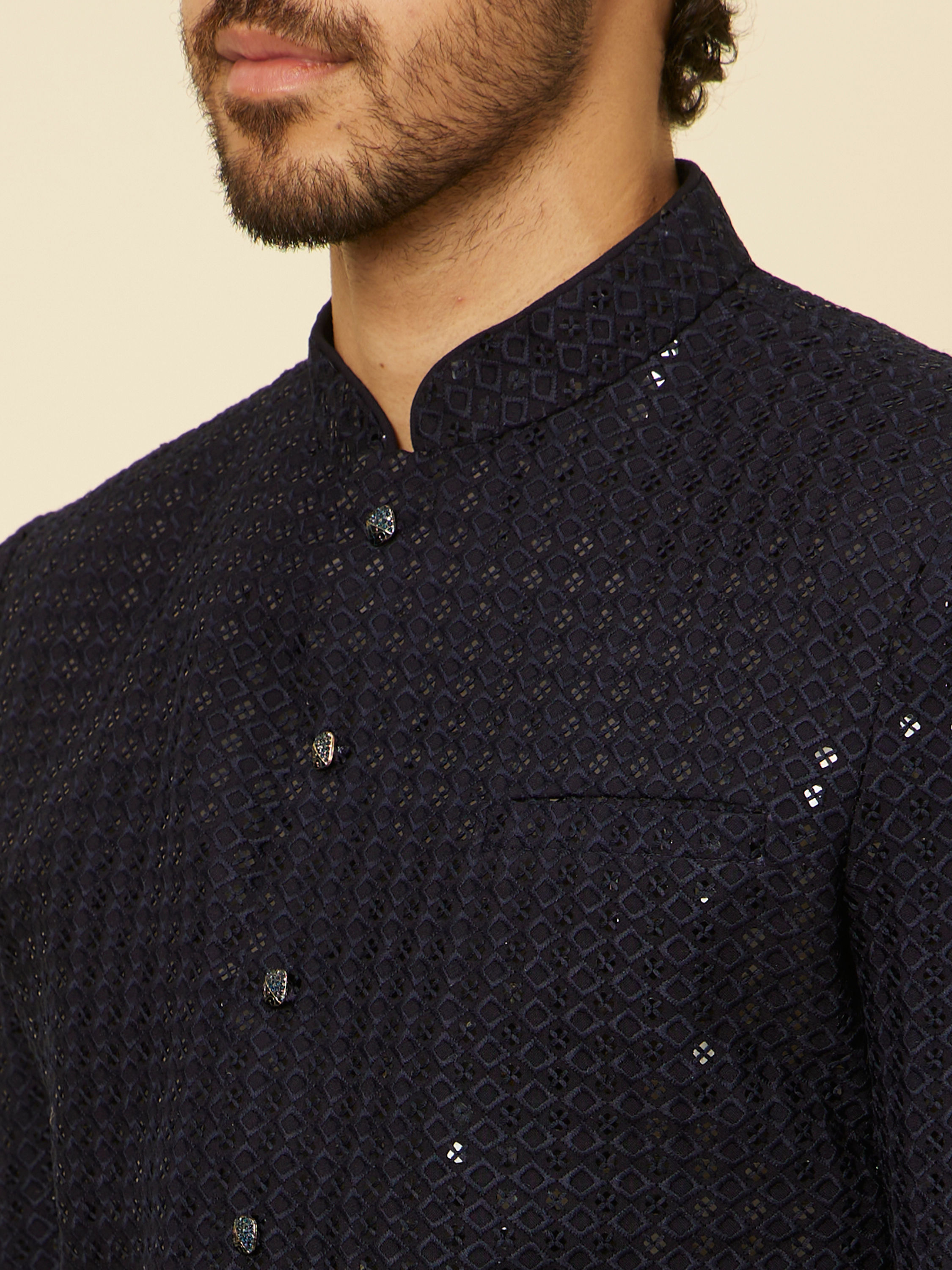 Manyavar Men Midnight Blue Sequined Indo Western Set