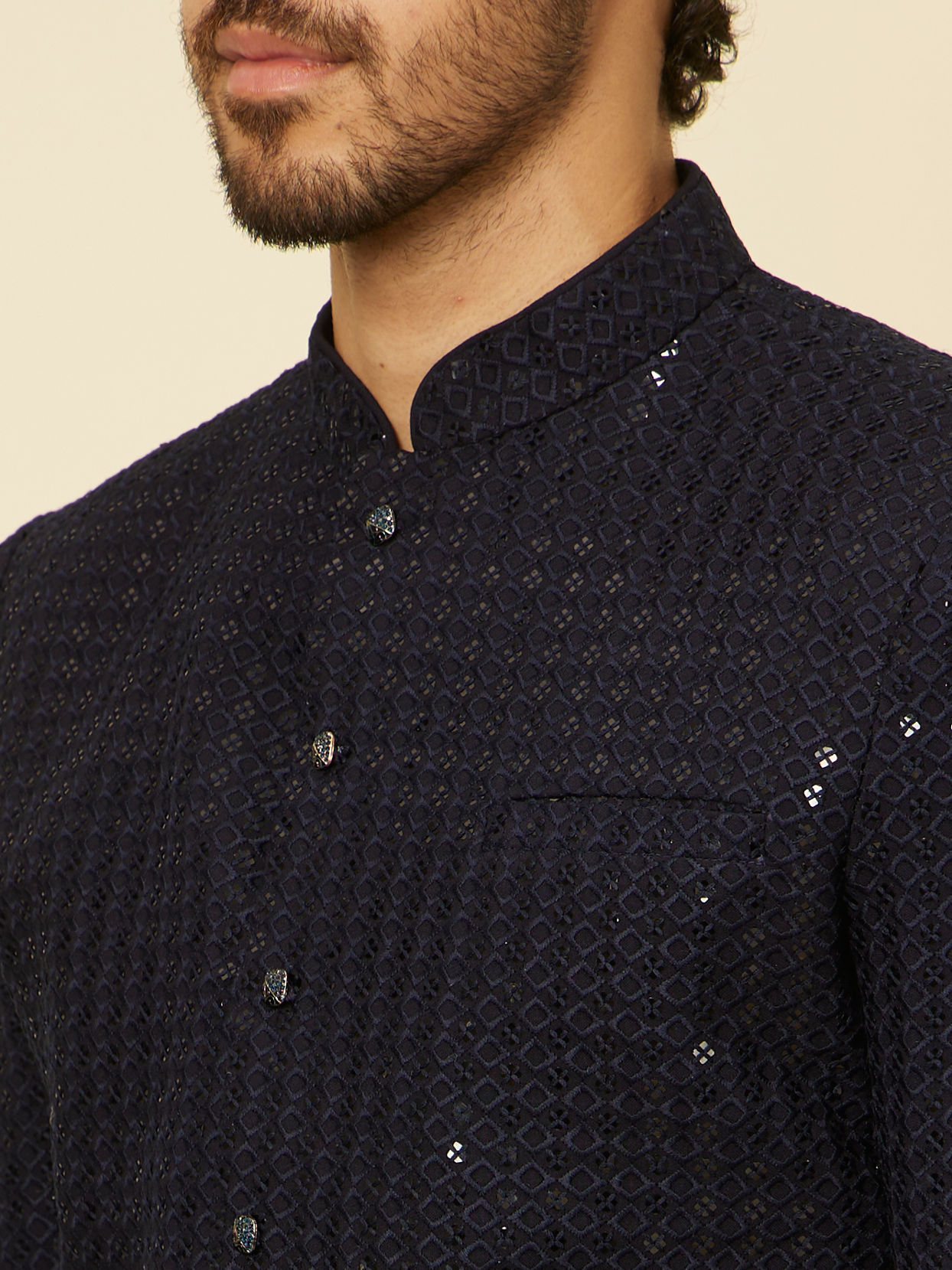 Manyavar Men Midnight Blue Sequined Indo Western Set