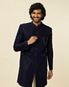 Manyavar Men Dark Blue Embroidered Layered Indo Western Set