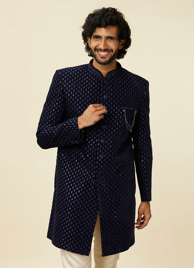 Manyavar Men Dark Blue Embroidered Layered Indo Western Set