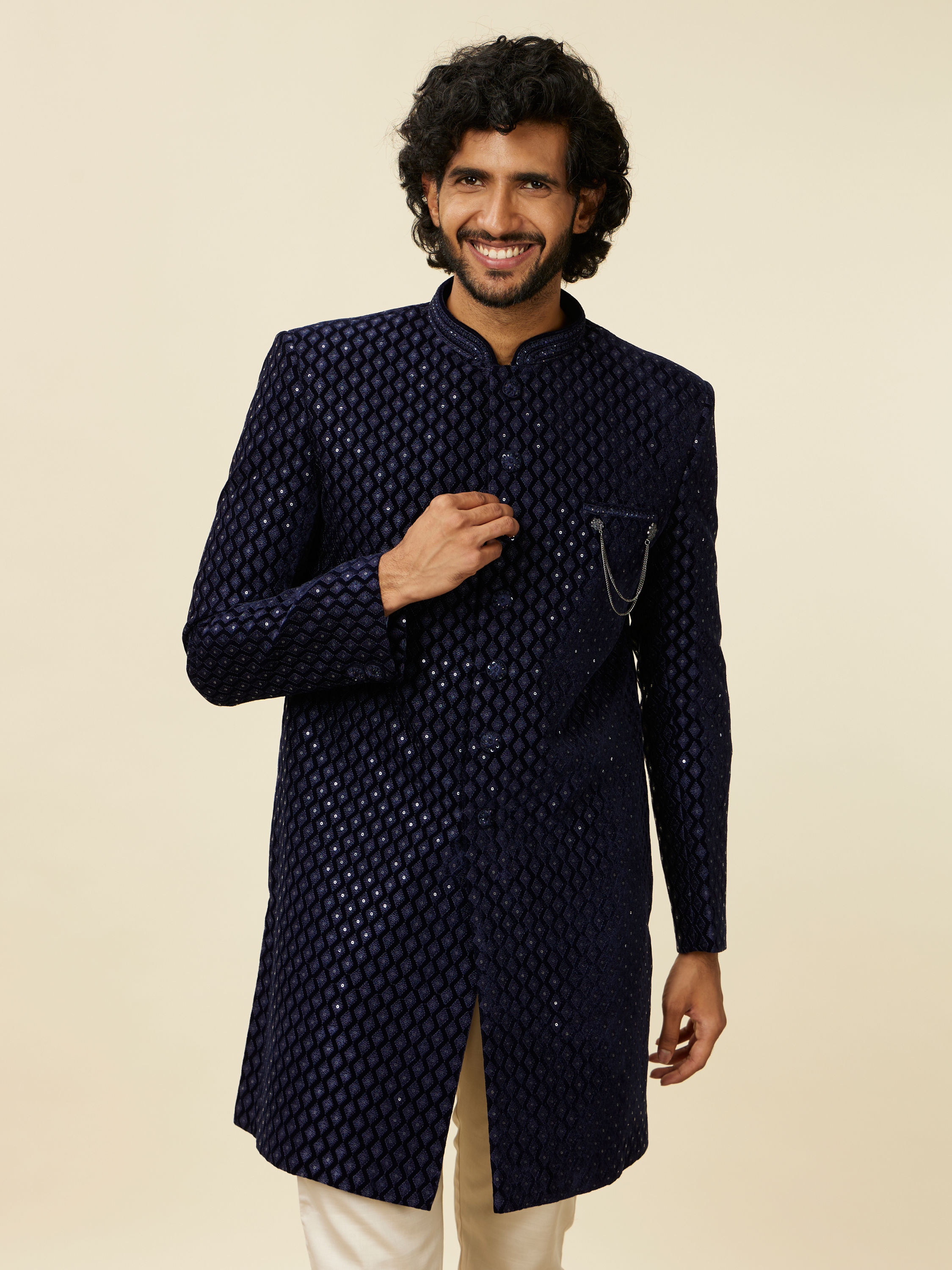 Manyavar Men Dark Blue Embroidered Layered Indo Western Set