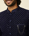Manyavar Men Dark Blue Embroidered Layered Indo Western Set
