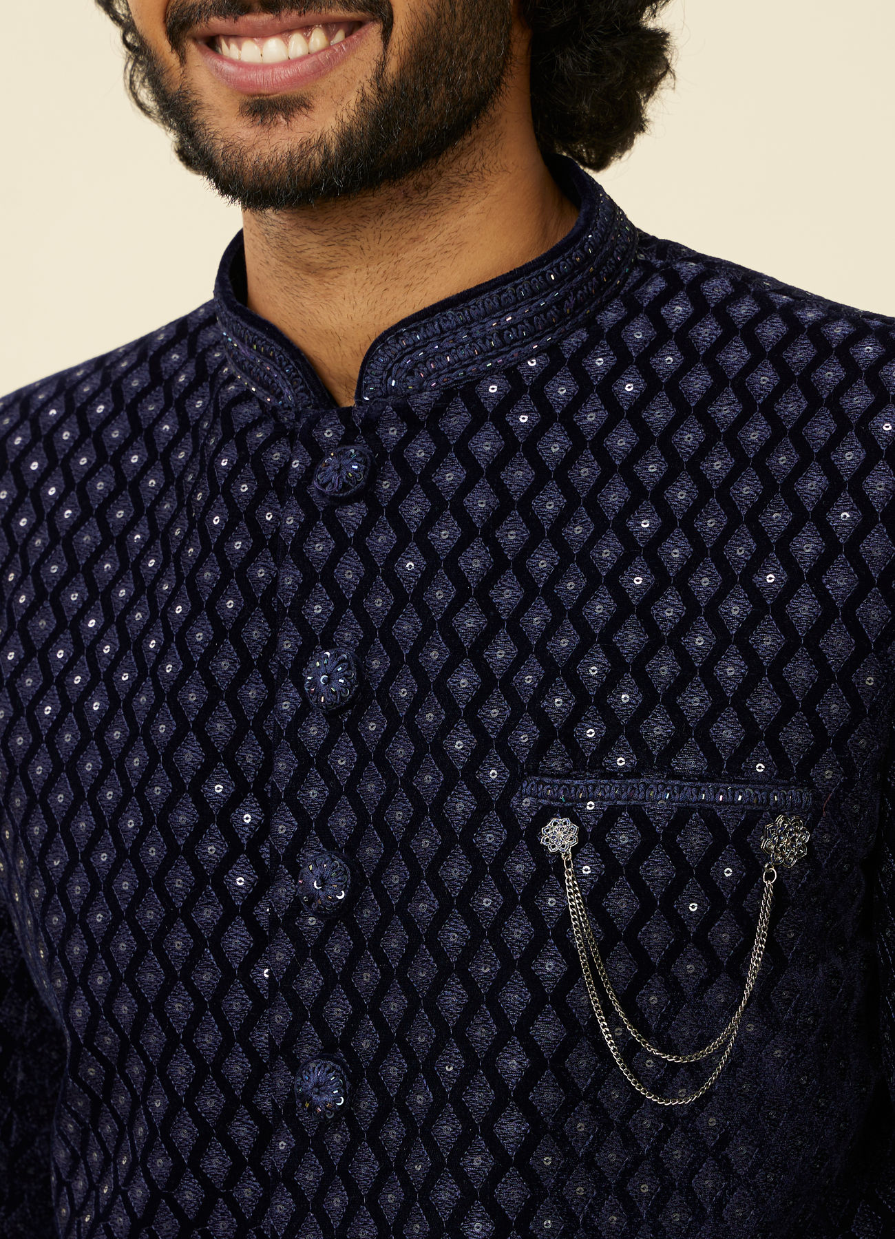 Manyavar Men Dark Blue Embroidered Layered Indo Western Set