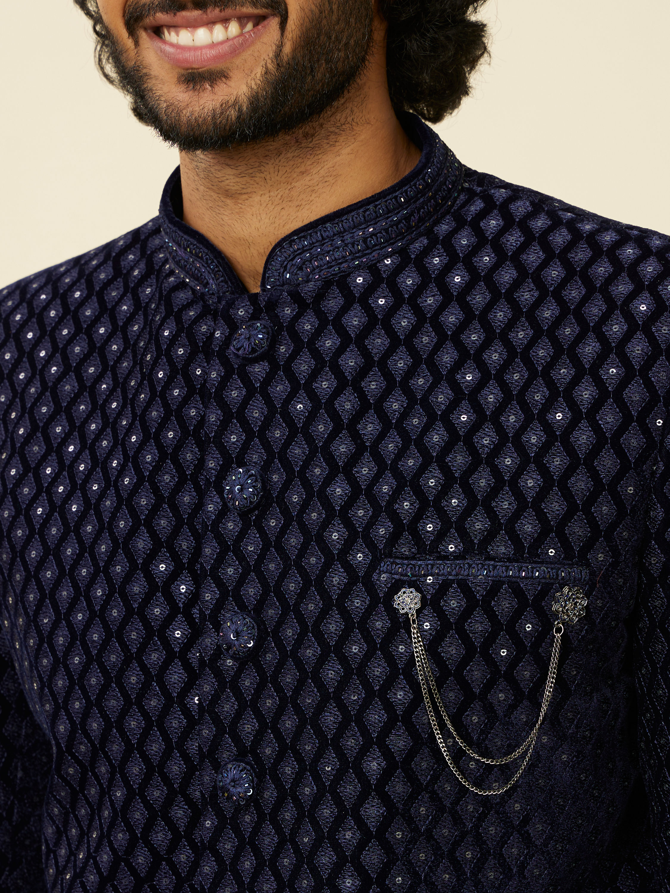 Manyavar Men Dark Blue Embroidered Layered Indo Western Set