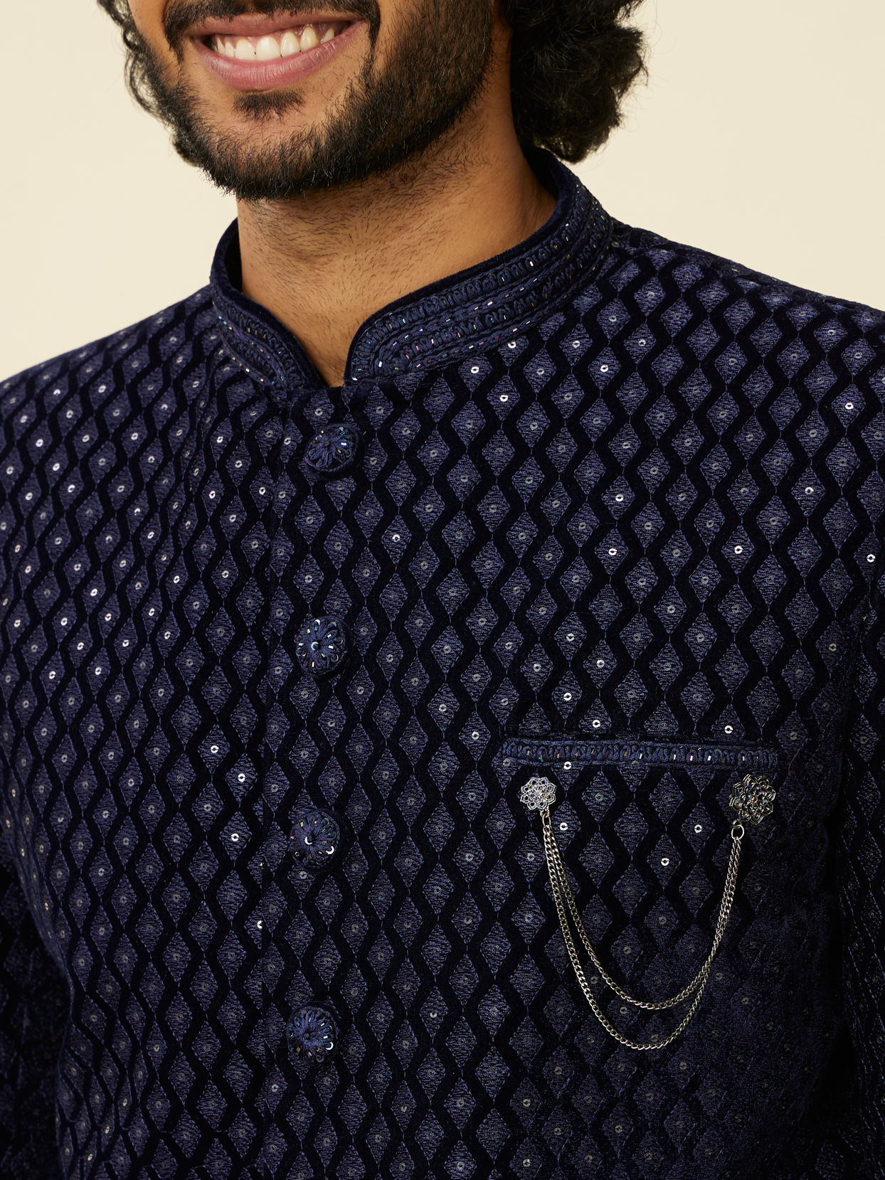Manyavar Men Dark Blue Embroidered Layered Indo Western Set
