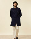 Manyavar Men Dark Blue Embroidered Layered Indo Western Set