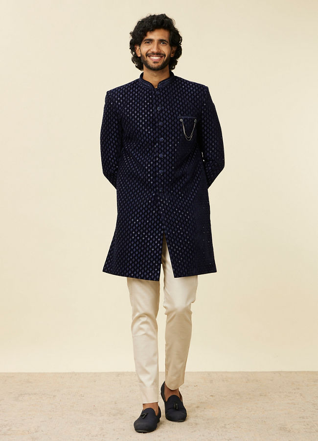 Manyavar Men Dark Blue Embroidered Layered Indo Western Set
