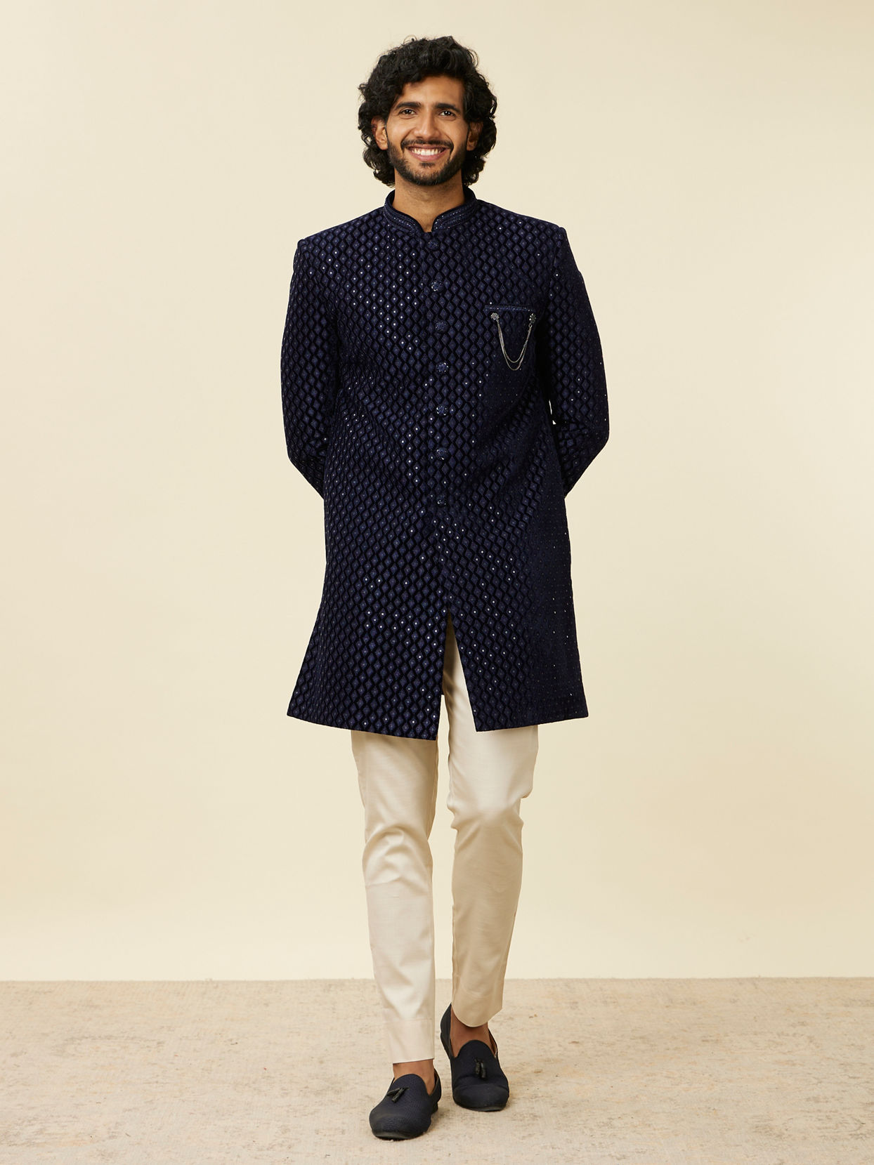 Manyavar Men Dark Blue Embroidered Layered Indo Western Set