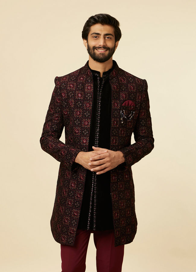 alt message - Manyavar Men Mauve Wine Chowkadi Patterned Indo Western Set image number 0