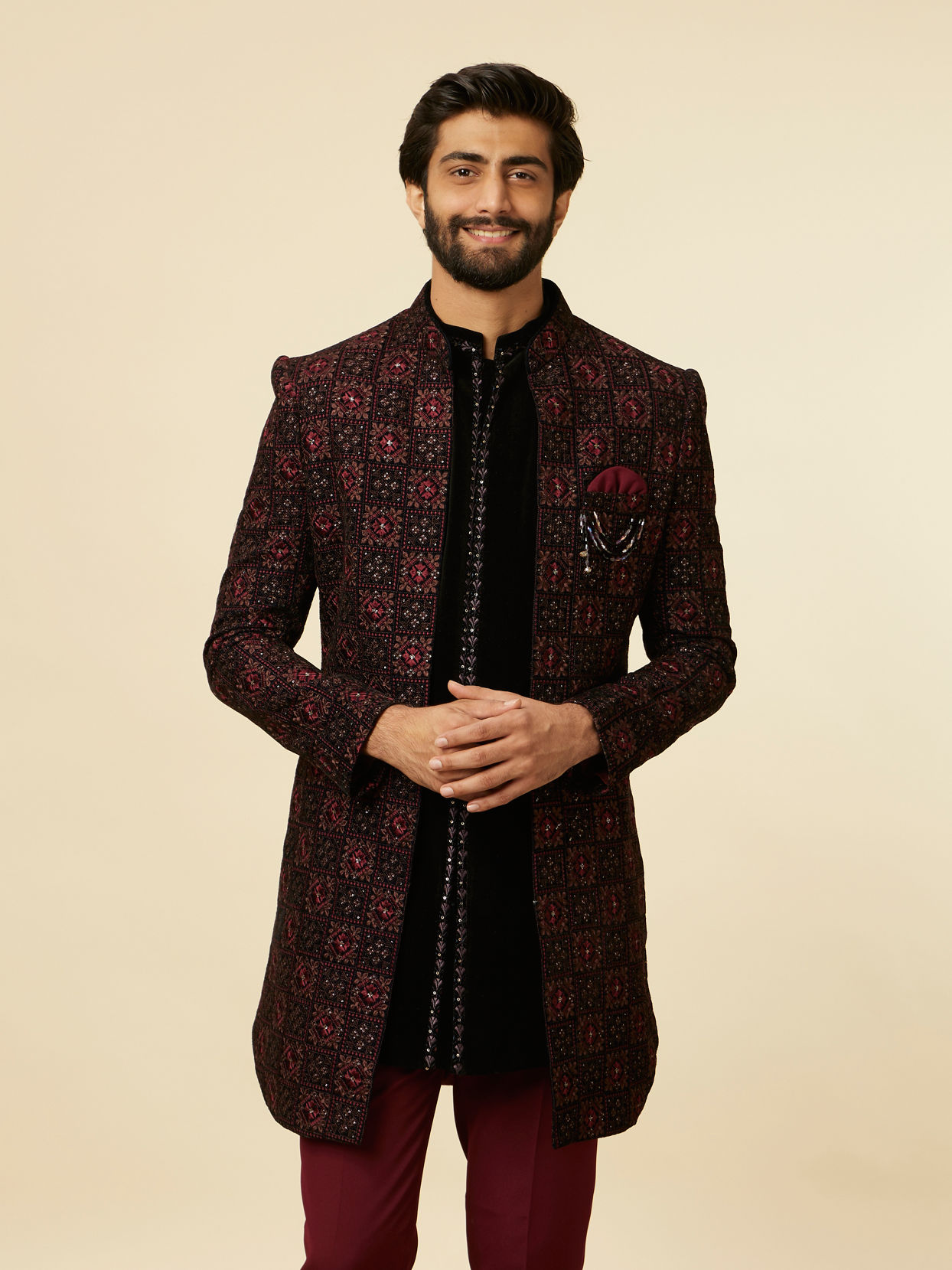 alt message - Manyavar Men Mauve Wine Chowkadi Patterned Indo Western Set image number 0