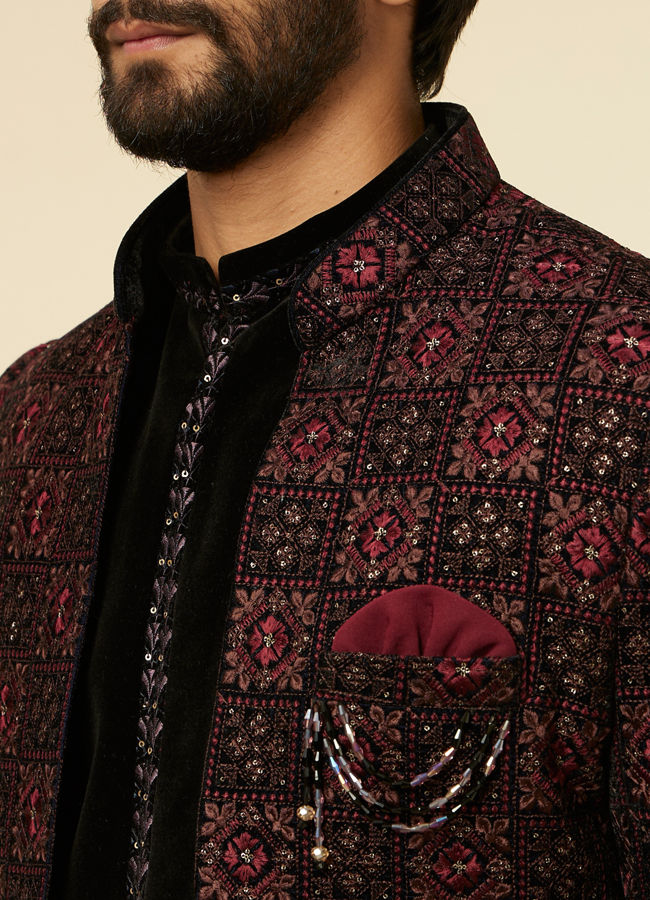 alt message - Manyavar Men Mauve Wine Chowkadi Patterned Indo Western Set image number 1