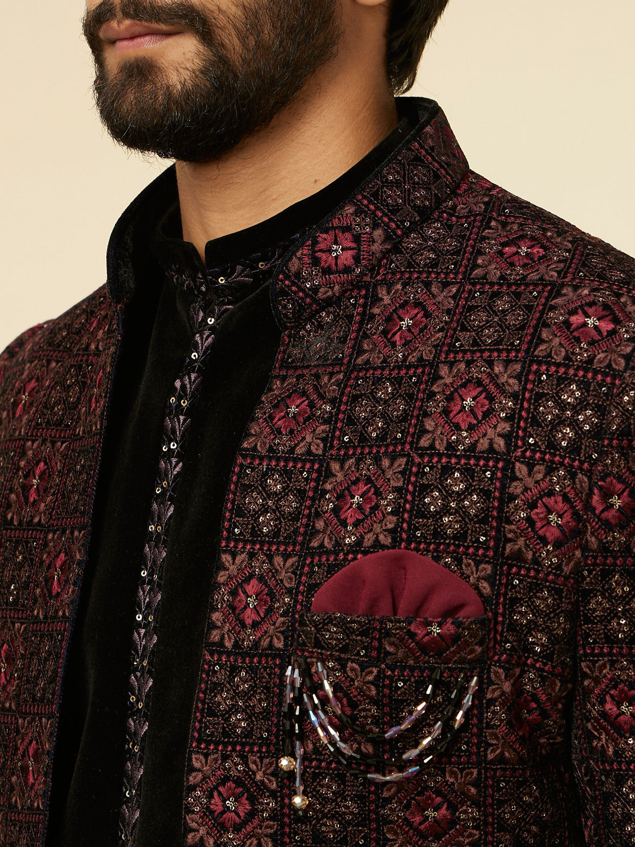 alt message - Manyavar Men Mauve Wine Chowkadi Patterned Indo Western Set image number 1