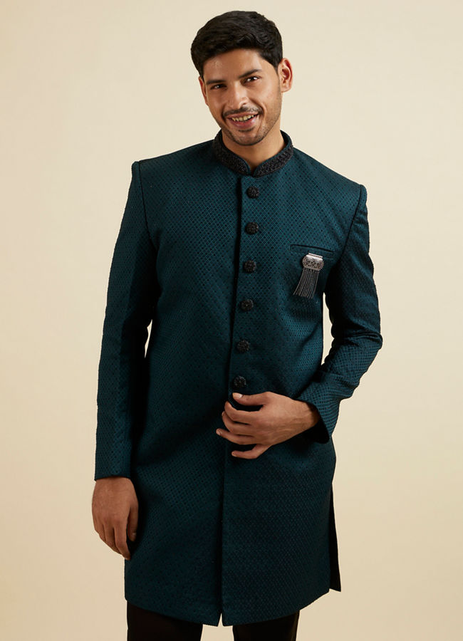 alt message - Manyavar Men Teal Green Jaal Patterned Achkan Style Indo Western Set image number 0