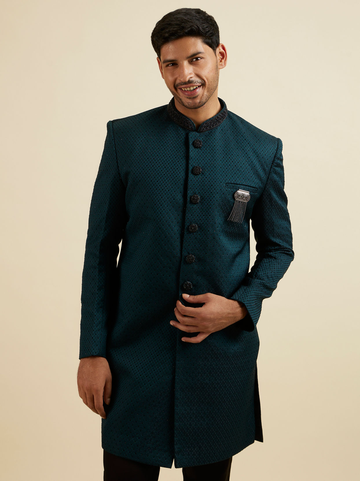 alt message - Manyavar Men Teal Green Jaal Patterned Achkan Style Indo Western Set image number 0