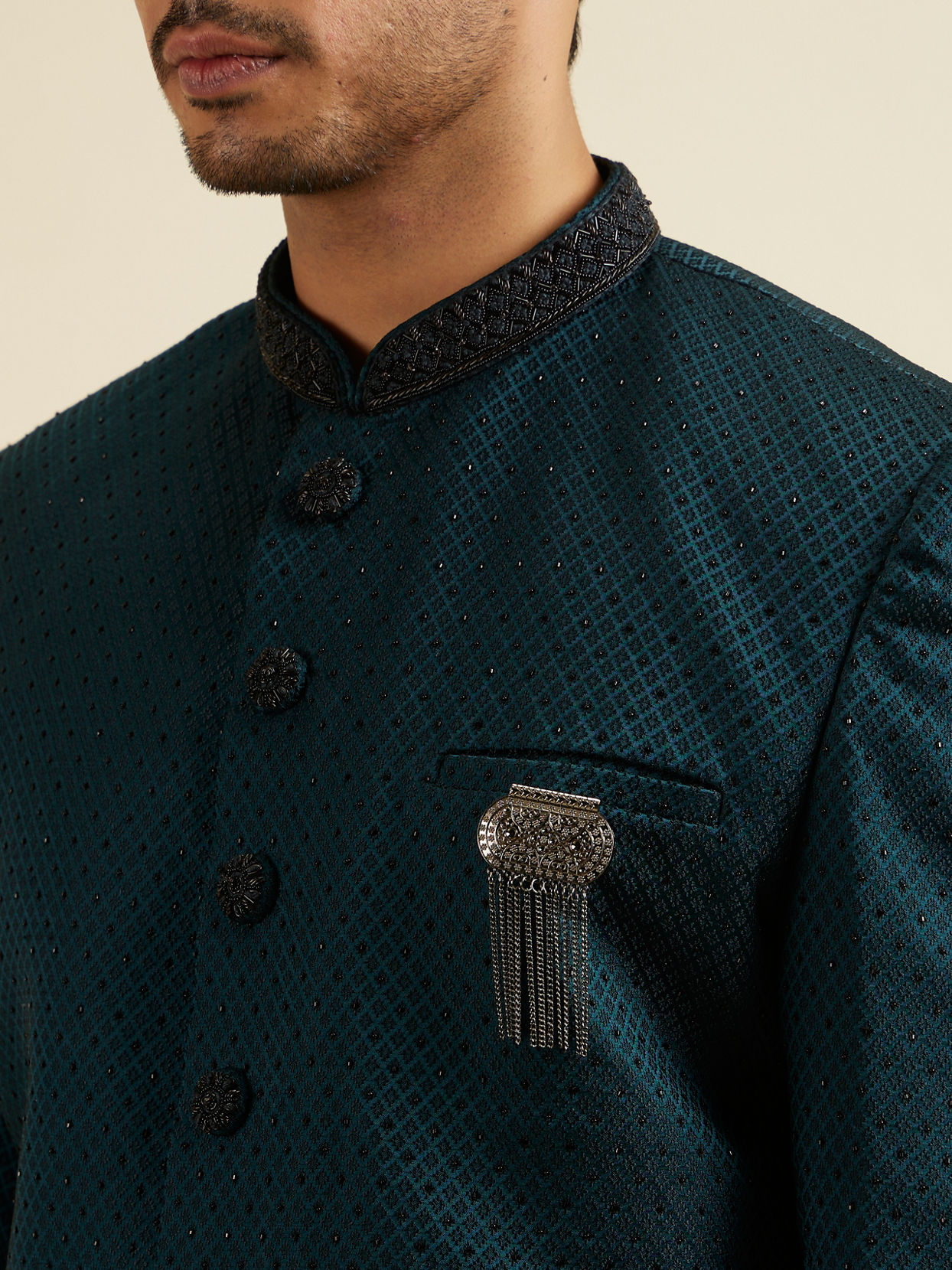 alt message - Manyavar Men Teal Green Jaal Patterned Achkan Style Indo Western Set image number 1