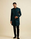 Manyavar Men Teal Green Jaal Patterned Achkan Style Indo Western Set