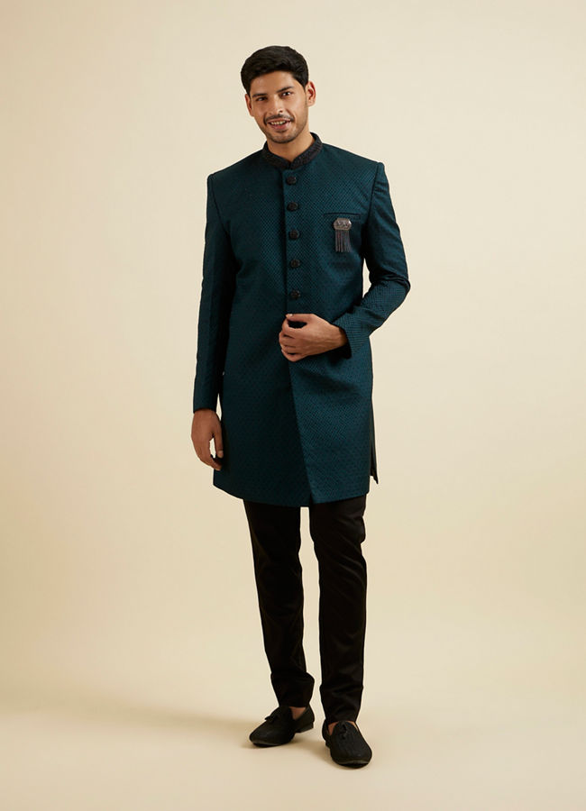 alt message - Manyavar Men Teal Green Jaal Patterned Achkan Style Indo Western Set image number 2