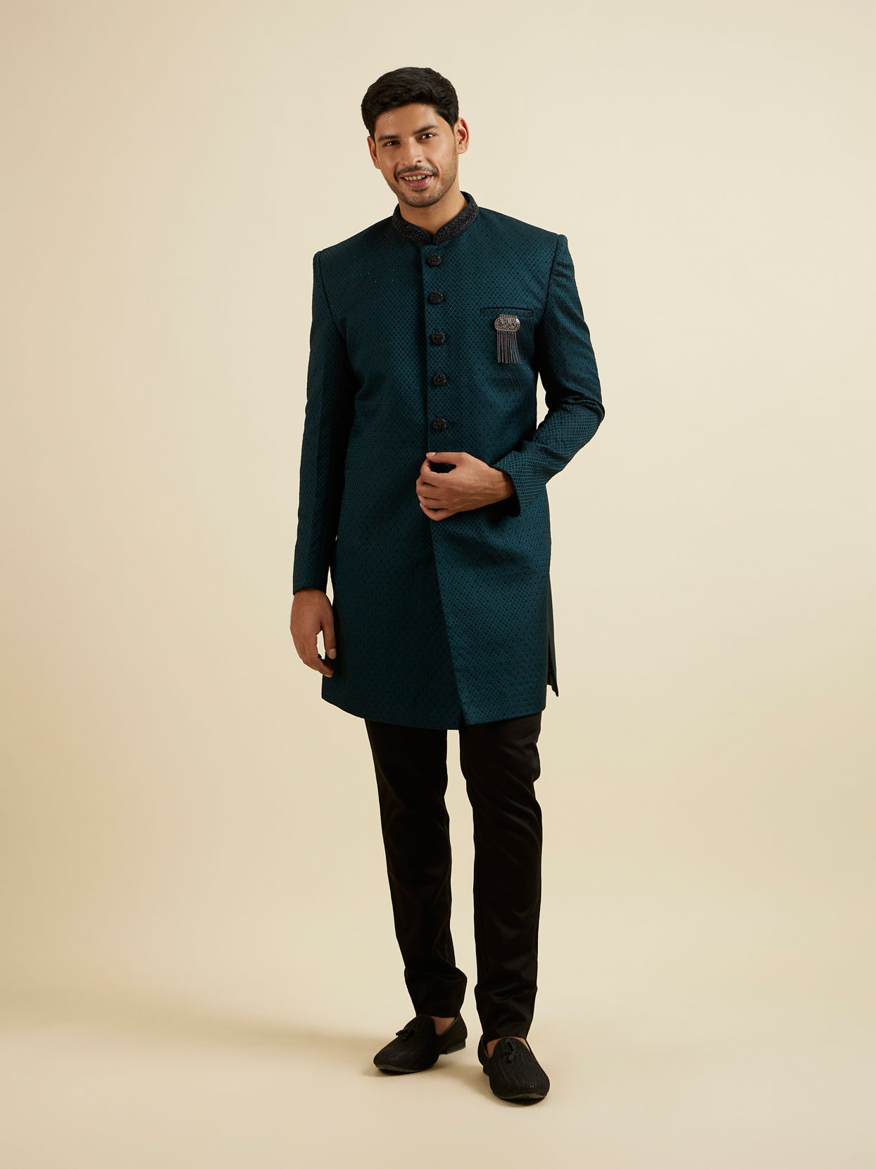 alt message - Manyavar Men Teal Green Jaal Patterned Achkan Style Indo Western Set image number 2