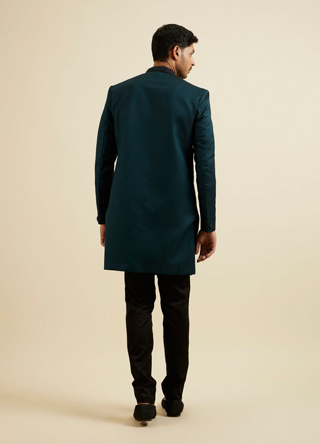 Manyavar Men Teal Green Jaal Patterned Achkan Style Indo Western Set