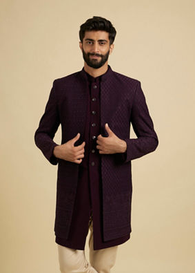 Manyavar Men Wine Georgette Splendor Indo Western