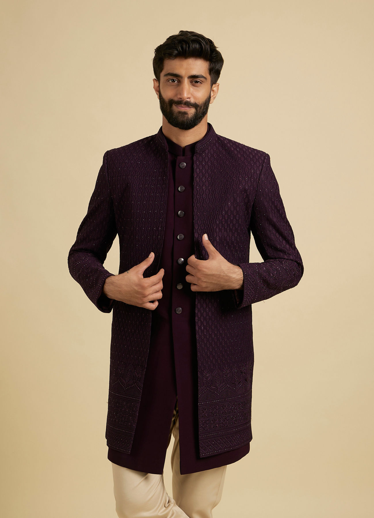 Manyavar Men Wine Georgette Splendor Indo Western