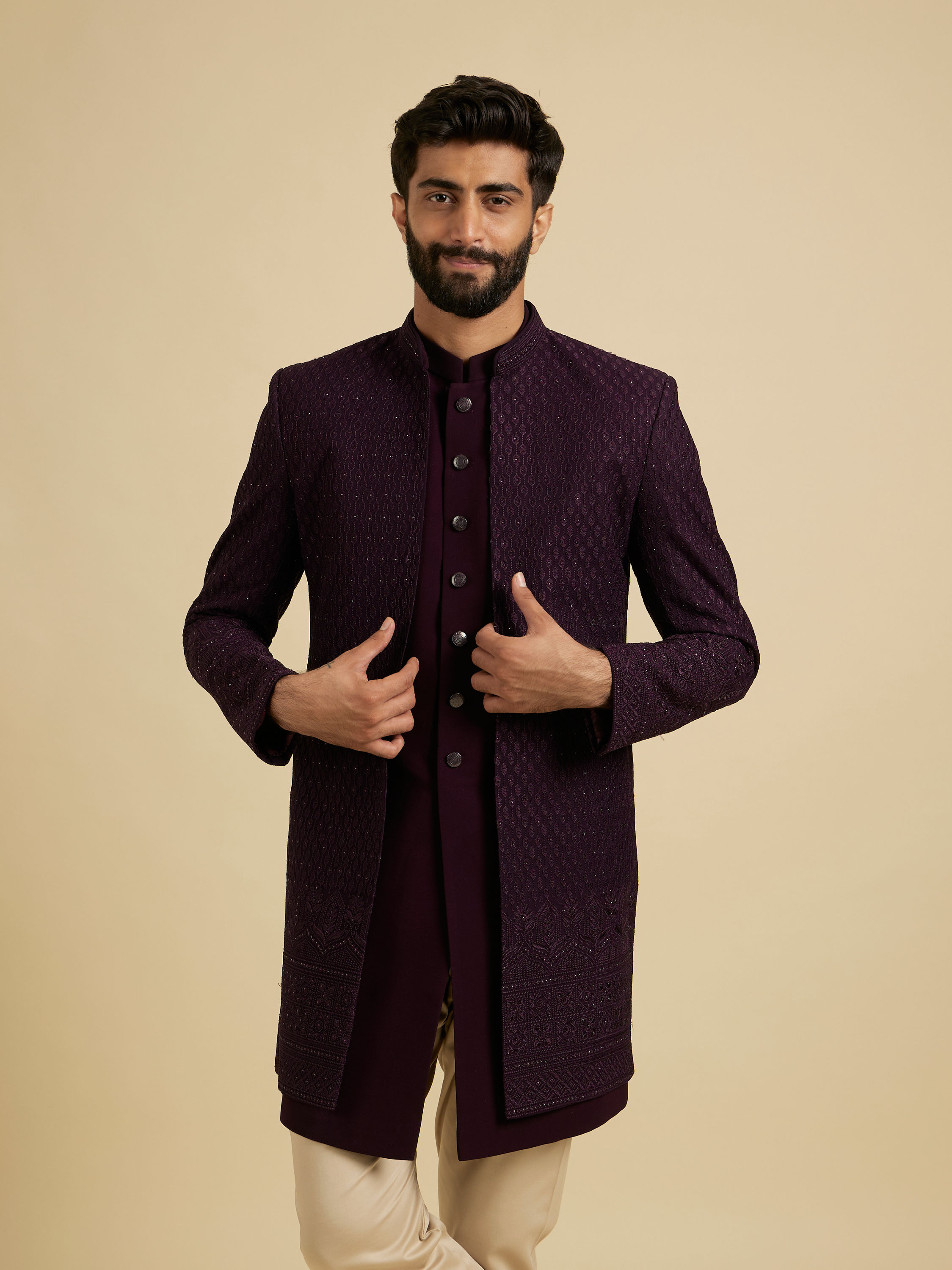 Manyavar Men Wine Georgette Splendor Indo Western