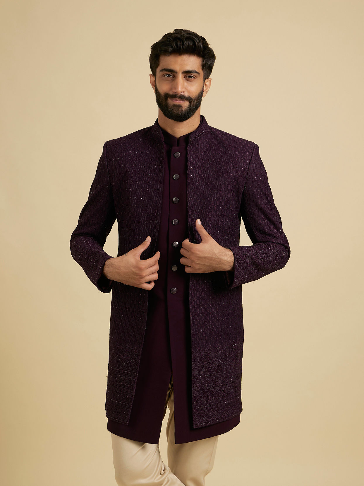 Manyavar Men Wine Georgette Splendor Indo Western