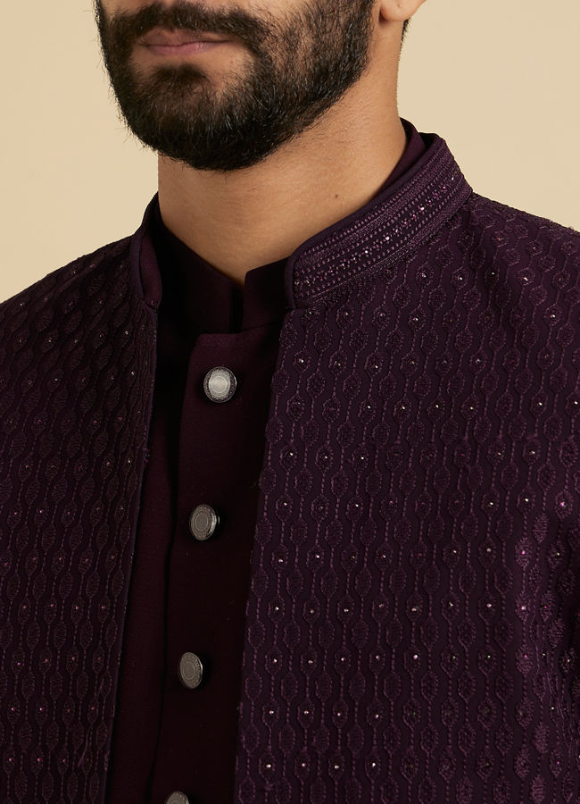 Manyavar Men Wine Georgette Splendor Indo Western