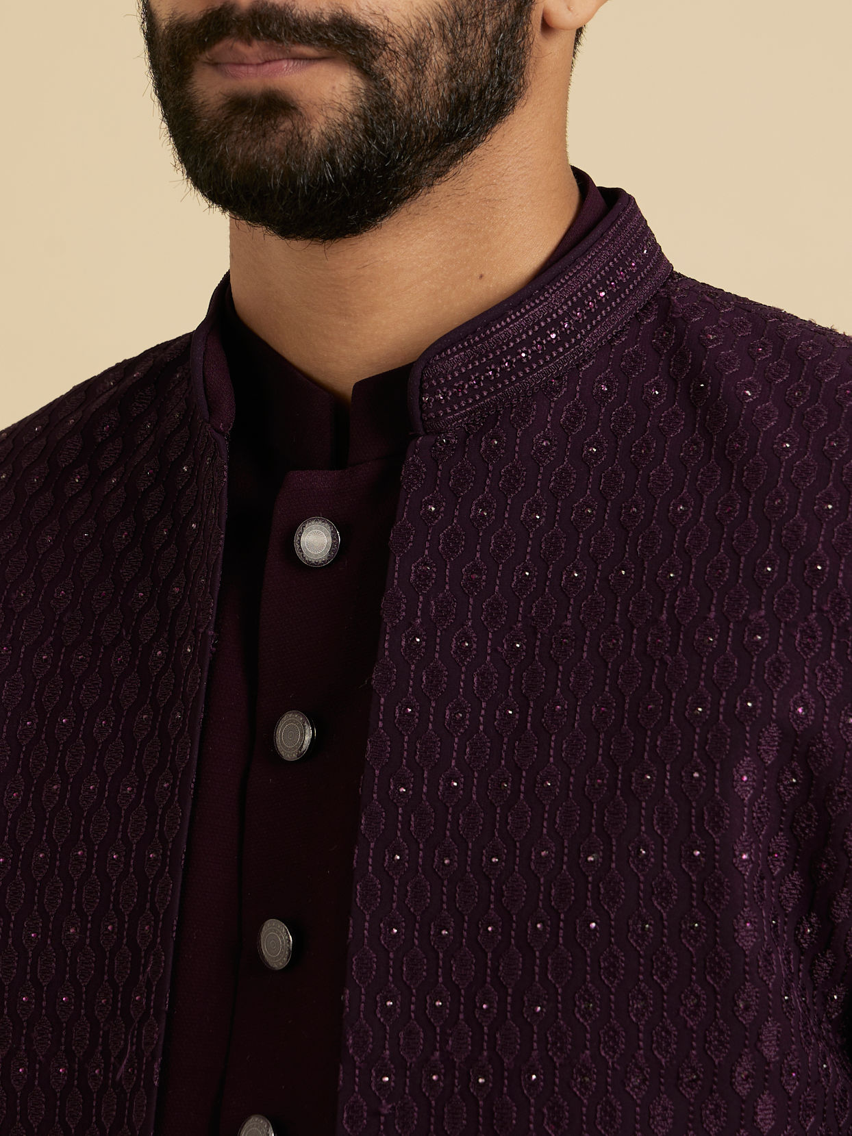 Manyavar Men Wine Georgette Splendor Indo Western